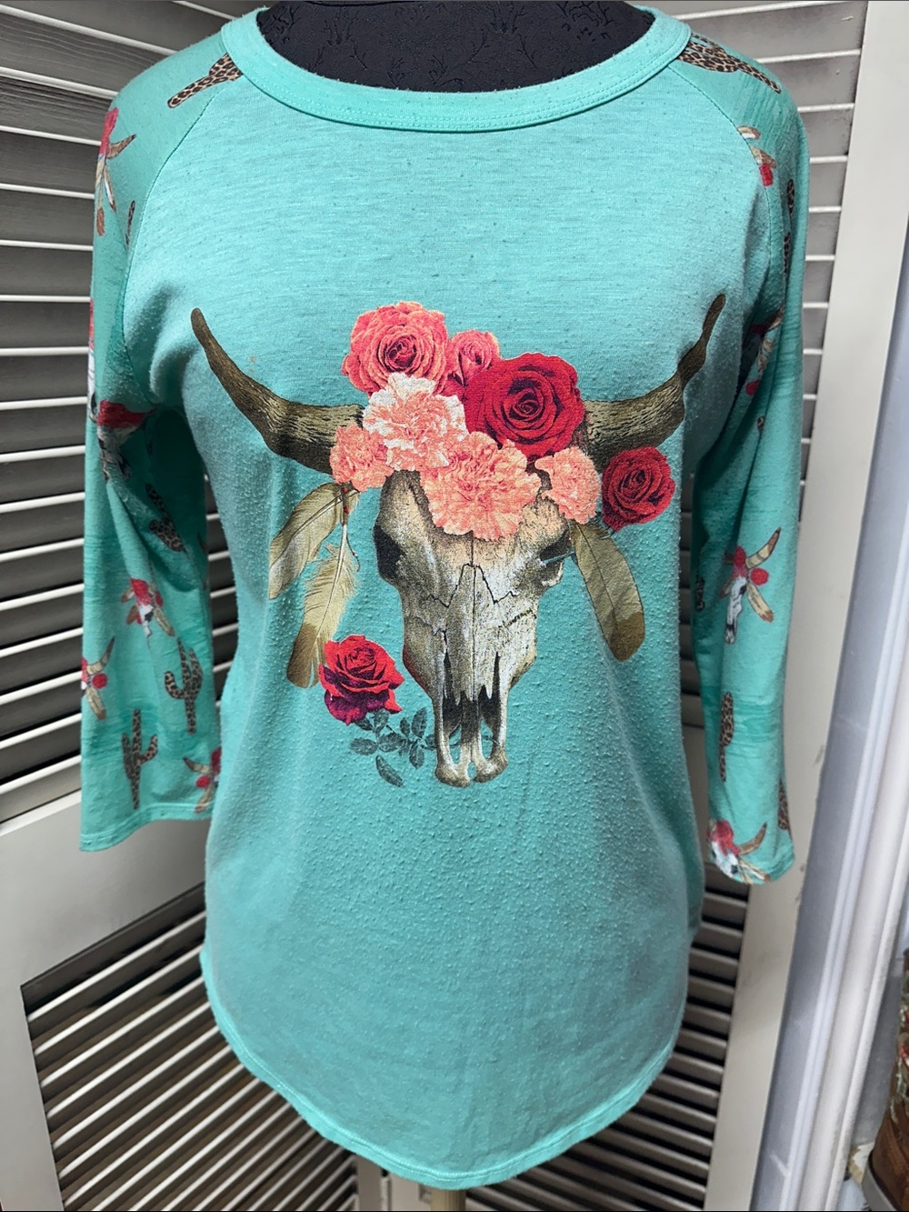 Turquoise Floral Cow Skull Raglan Top